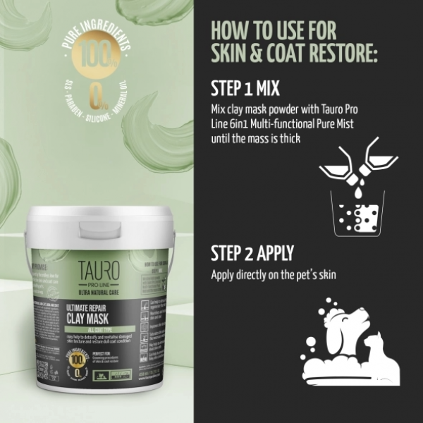 TAURO PRO LINE – Ultra Natural Care | Ultimate Repair Clay Mask – intensive Regeneration für Haut & Fell von Hunden & Katzen - 450 g